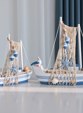 地中海帆船模型一帆风顺摆件木质海鸟小船工艺船书桌海洋风装饰品