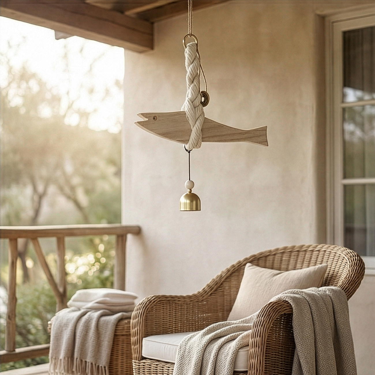 海洋实木鱼形铃铛挂件入户门汽车挂件客厅房间装饰手工木头鱼壁挂