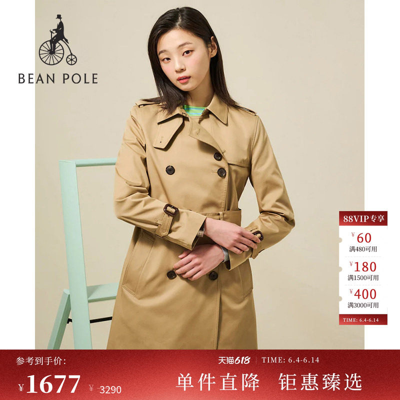 BEANPOLE滨波 春夏女士老钱风韩系通勤休闲双排扣中长款风衣外套