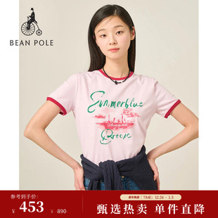 女士配色边主题图案短袖 2025夏季 BEANPOLE滨波 粉色T恤 新品