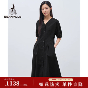 短袖 BEANPOLE滨波 V领简约时尚 优雅修身 连衣裙 女士静奢风泡泡袖