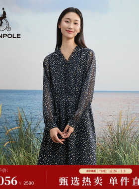 BEANPOLE滨波 女士波点长袖V领中长度假简约职场优雅风气质连衣裙