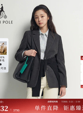 100%绵羊毛BEANPOLE滨波女通勤气质经典人字纹深灰色西装单西外套