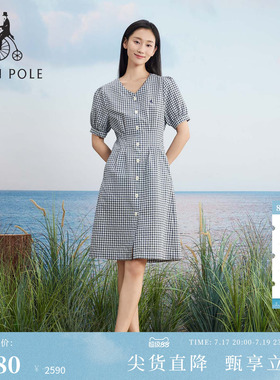 BEANPOLE滨波  女士泡泡纱简约格纹设计度假风V领优雅气质连衣裙