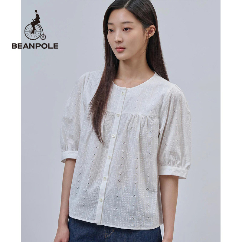 BEANPOLE滨波女士时尚日常薄款白色提花圆领优雅简约休闲半袖