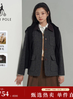 【新品】100%绵羊毛BEANPOLE滨波25秋冬女可拆卸领复古哈里斯单西
