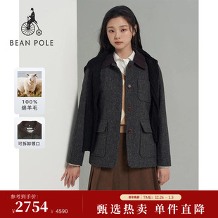 100%绵羊毛BEANPOLE滨波25秋冬女可拆卸领复古哈里斯单西 新品