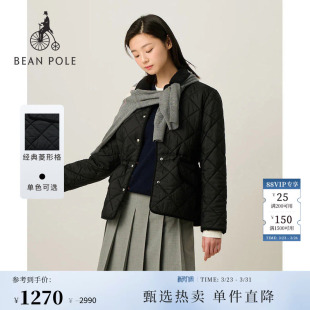 简约休闲翻领菱形格绗缝棉服夹棉外套 女中长款 BEANPOLE滨波 春季