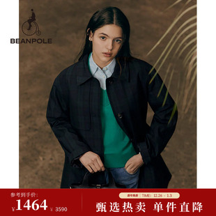 风衣 单排扣户外中长款 BEANPOLE滨波 女藏青色格纹简约优雅风时尚