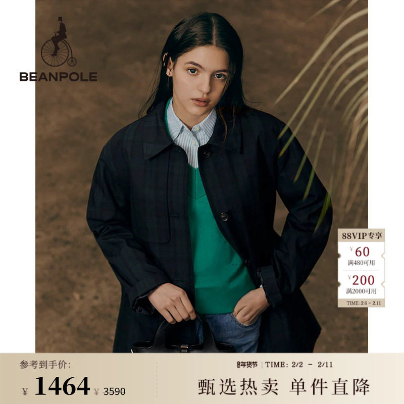 BEANPOLE滨波  女藏青色格纹简约优雅风时尚单排扣户外中长