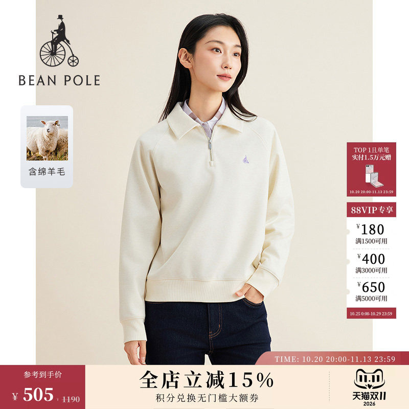 含绵羊毛BEANPOLE滨波 女士柔系老钱风简约POLO衫半拉链长袖卫衣
