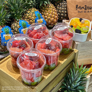 网红冰凉粉专用打包盒子一次性果切杯水果捞甜品桶外卖水果盒圆碗