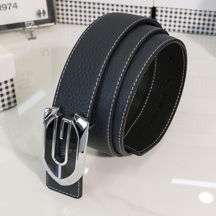 大G蓝色皮带男士深蓝真皮腰带休闲头层皮年轻人商务百搭裤带G字头