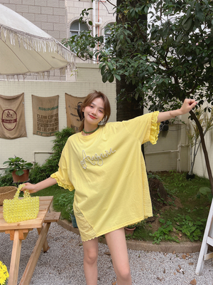 夏季宽松钉珠蕾丝拼接短袖t恤女