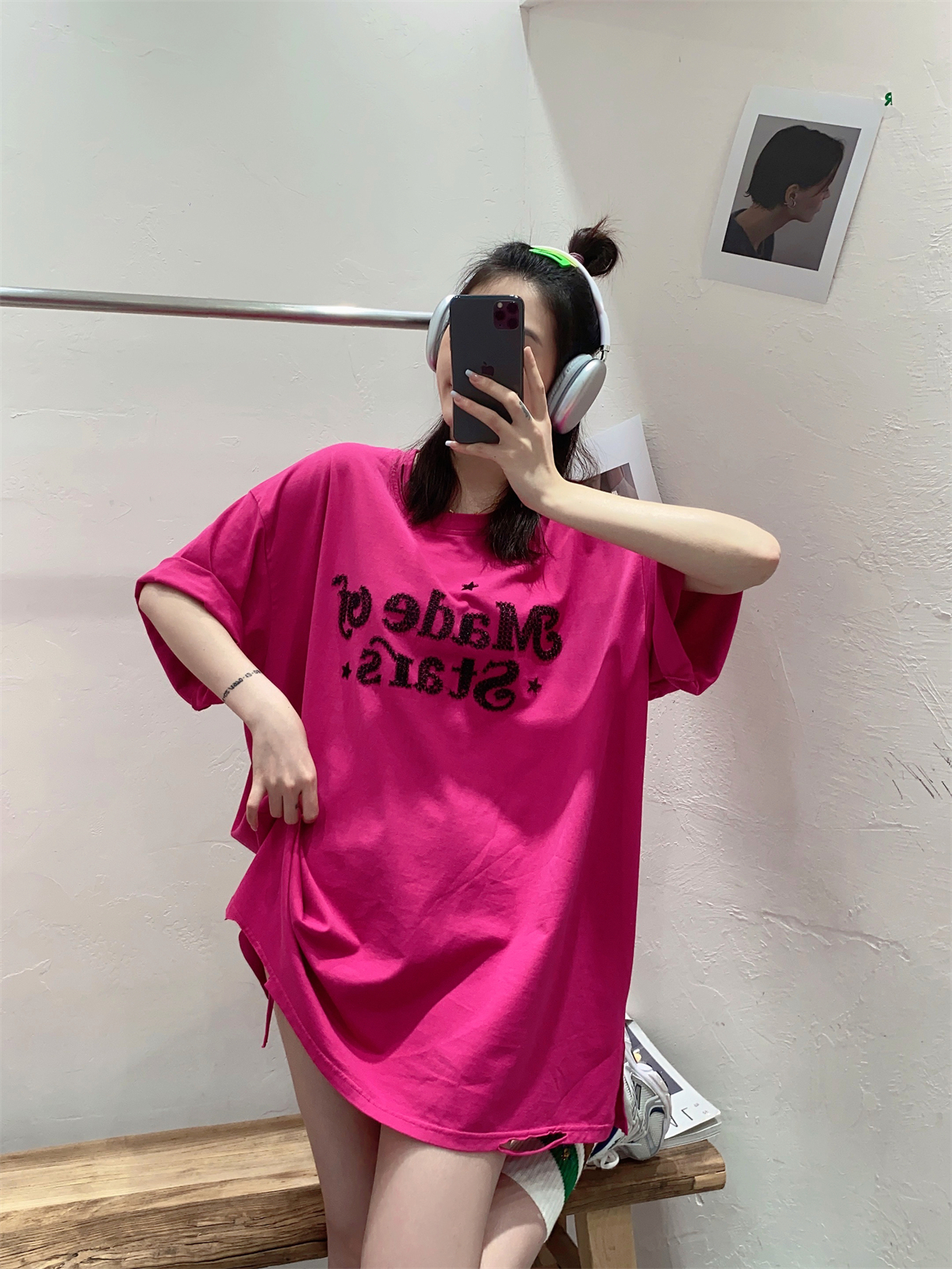 大码短袖t恤女宽松亮片破洞上衣
