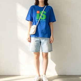 蓝色字母印花短袖T恤女中长款夏季韩版宽松圆领百搭显瘦bf风上衣