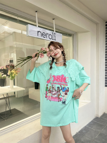 夏季宽松刺绣亮片印花短袖t恤女