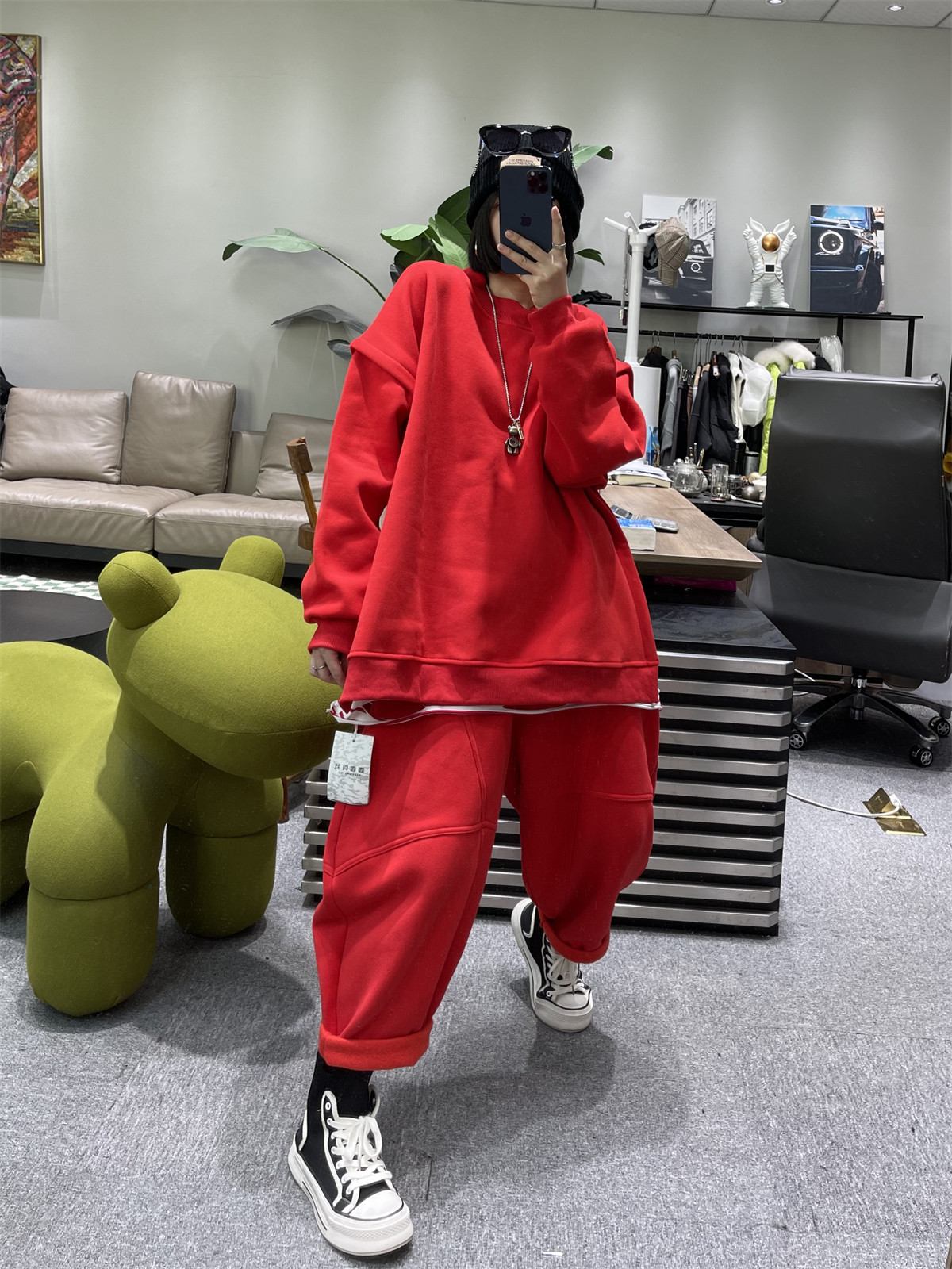 겨울 캐주얼 패션 정장 여성의 느슨한 풀오버 슬릿 벨벳 두꺼운 스웨터 대형 스포츠 운동복 투피스 세트