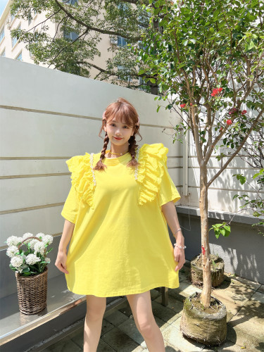 夏季宽松钉珠荷叶边短袖t恤女ins