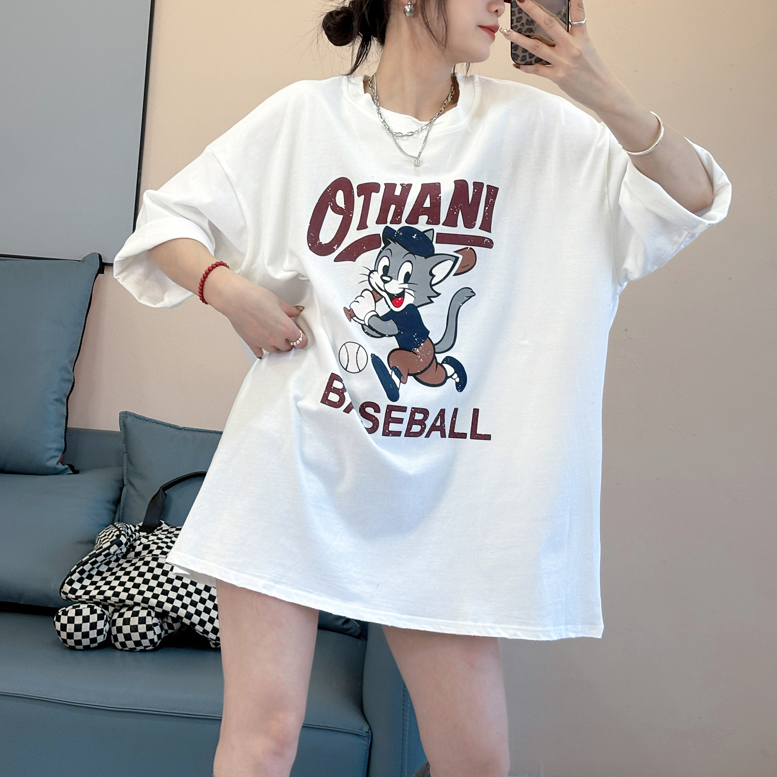 夏季新款中长款纯棉卡通短袖T恤女 美式复古棒球半袖宽松显瘦上衣