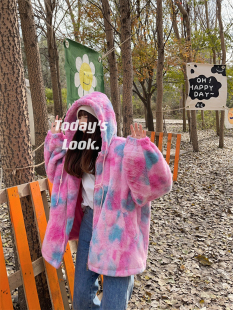 欧洲站冬季仿懒兔毛棉衣外套女中长款宽松时尚扎染羊羔毛连帽卫衣