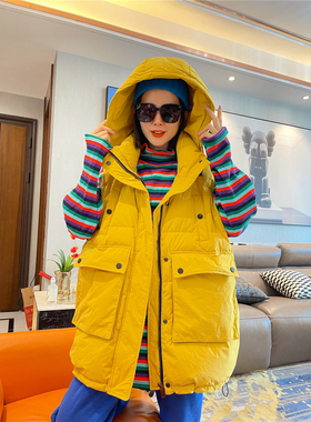 TY家新款无袖马夹羽绒服背心外搭冬季宽松大码连帽白鸭绒马甲女