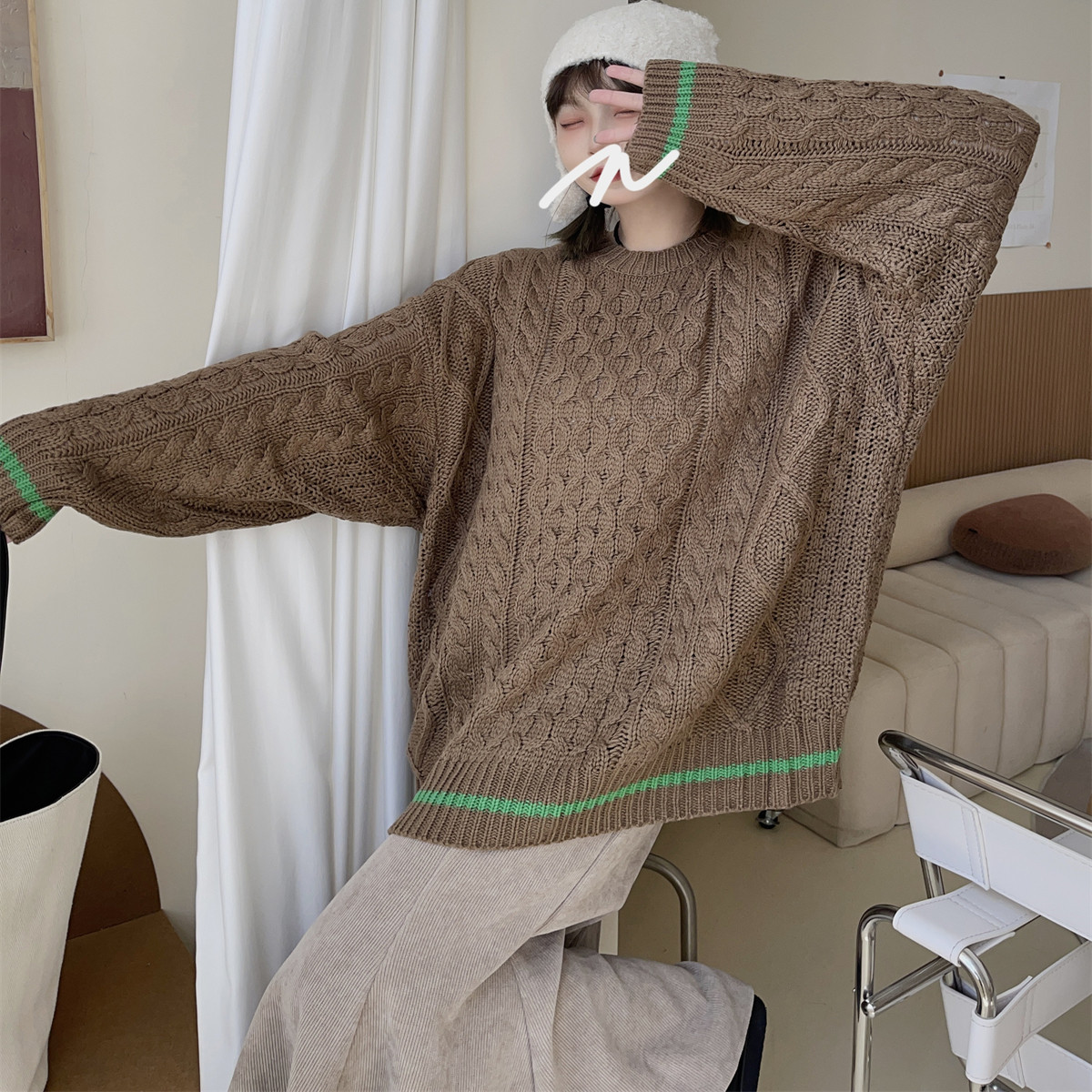 2025冬季复古麻花套头毛衣女新款宽松慵懒风大码中长款条纹针织衫