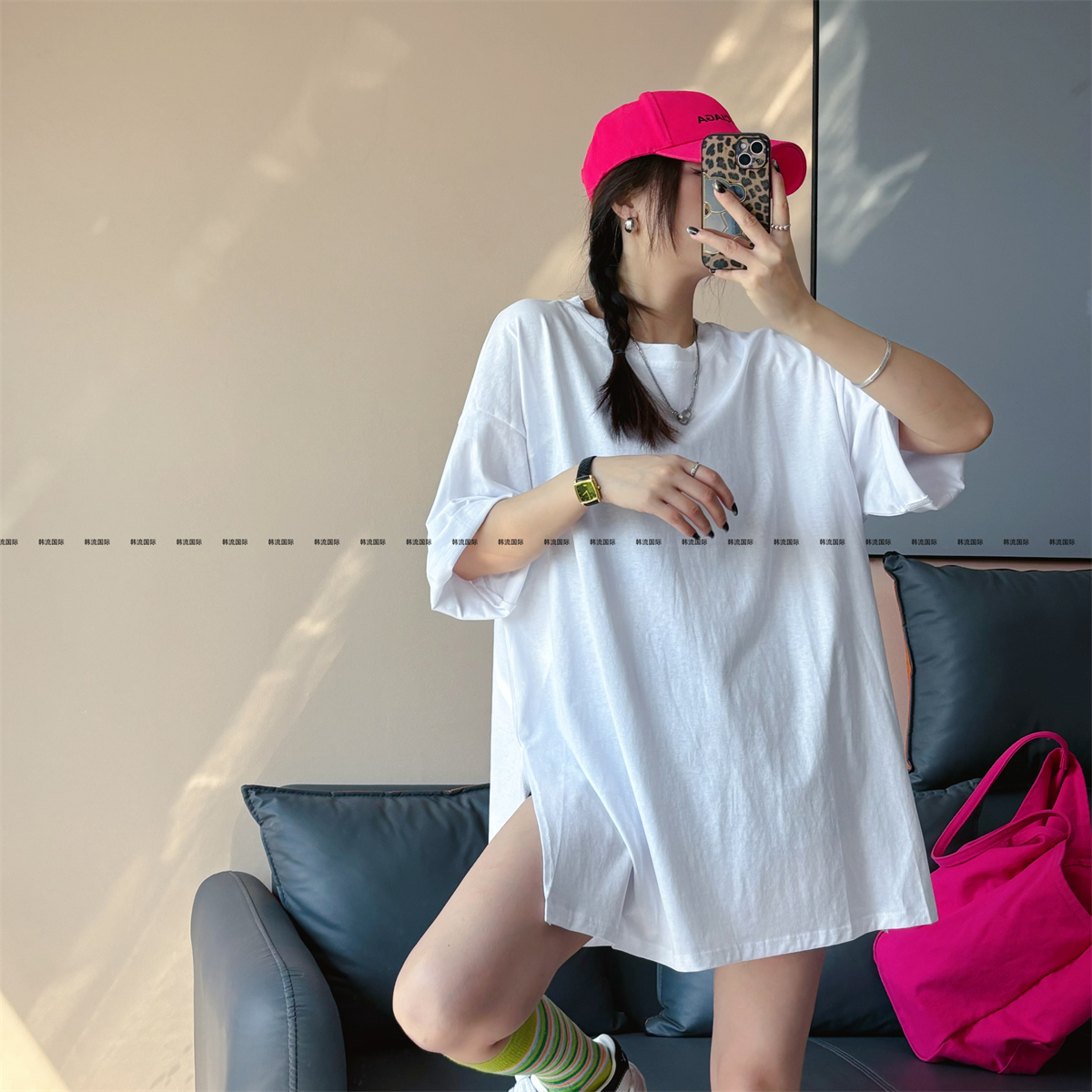 夏季多巴胺宽松显瘦百搭圆领短袖t恤女开叉ins中长款纯色半袖上衣