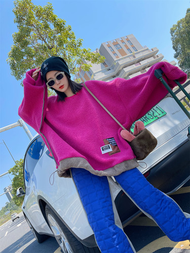 休闲羊羔绒外套宽松加绒卫衣女冬