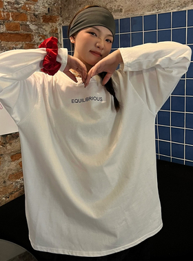 JL SUNFLOWER秋季大码宽松纯棉白色字母长袖t恤女显瘦别致ins上衣