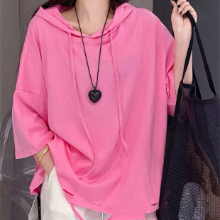 破洞宽松显瘦洋气短款 韩版 T恤女夏季 连帽短袖 上衣 糖果色纯棉大码