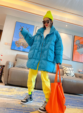 TY家东大门冬季中长款大口袋蓝色羽绒服女大码宽松立领显瘦外套潮