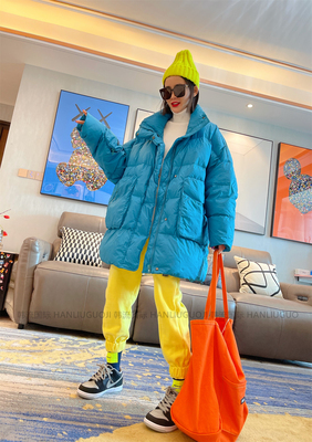 TY家东大门冬季中长款大口袋蓝色羽绒服女大码宽松立领显瘦外套潮