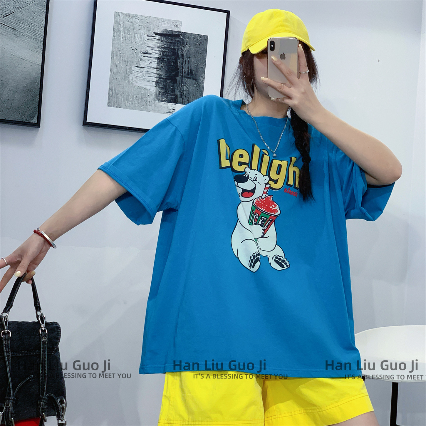 欧洲站夏季新款卡通印花短袖T恤女中长款纯棉宽松大版休闲上衣潮
