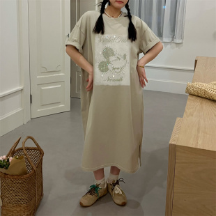 JLSUNFLOWER宽松烫钻显瘦百搭半袖 t恤裙 上衣女卡通慵懒风长款 短袖