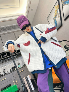 欧洲站冬季菱形格休闲棉服女韩版宽松bf风中长款加厚棉衣开衫外套