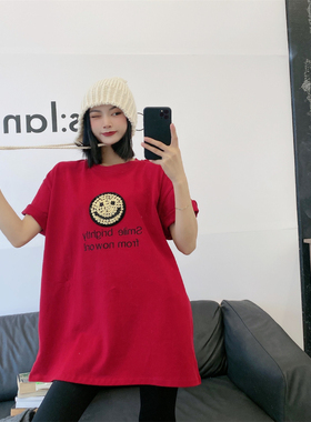 JL SUNFLOWER欧货笑脸纯棉短袖t恤女秋冬季宽松中长款打底衫上衣