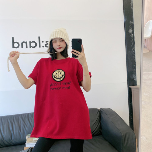 JL SUNFLOWER欧货笑脸纯棉短袖t恤女秋冬季宽松中长款打底衫上衣