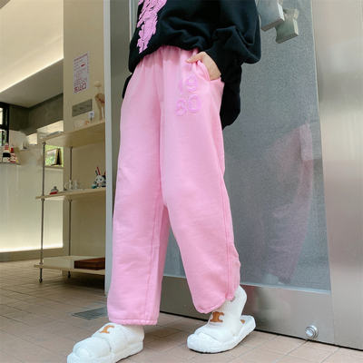 JL SUNFLOWER韩国宽松直筒长裤女秋冬季高腰显瘦刺绣字母纯棉卫裤