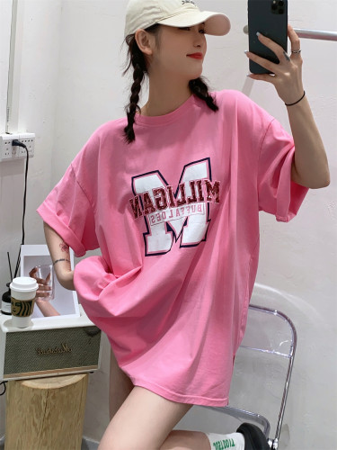 刺绣短袖t恤女宽松印花亮片上衣