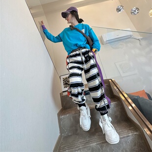 条纹拼接休闲裤 杠条哈伦卫裤 女韩版 个性 子 宽松bf束脚裤 欧洲站春季