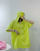 宽松大码 韩国新款 上衣ins T恤女夏季 中长款 bf个性 破洞连帽短袖