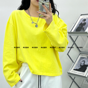 洋气韩版显瘦磨毛短款长袖T恤女休闲百搭减龄纯色设计感打底衫潮T