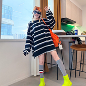 条纹卫衣女宽松大码 长袖 上衣潮牌中长款 秋冬新款 打底衫 百搭T恤女T