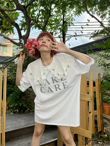 夏季大码宽松印花蕾丝短袖t恤女
