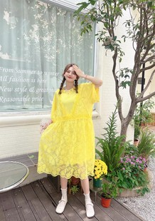 JL SUNFLOWER套装女夏季宽松大码显瘦重工蕾丝连衣裙纯棉短袖t恤