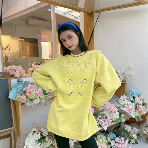加厚秋冬季纯棉刺绣卫衣女蕾丝