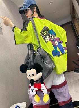 潮牌慵懒风宽松大码蕾丝拼接T恤卡通印花兔子蓝色破洞中长款短袖t