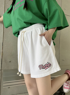 JL SUNFLOWER白色休闲运动短裤女夏季高腰显瘦刺绣裤子宽松阔腿裤