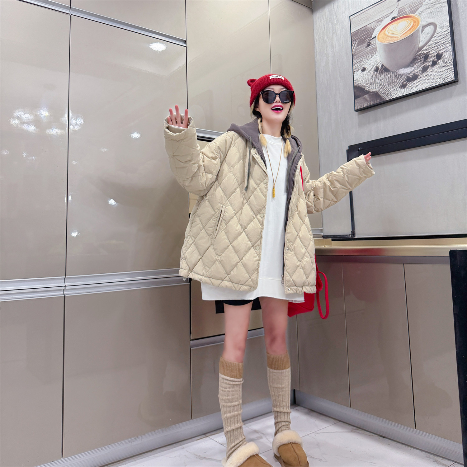 秋冬保暖休闲连帽羽绒服女学院风假两件宽松外套菱形格中长款上衣